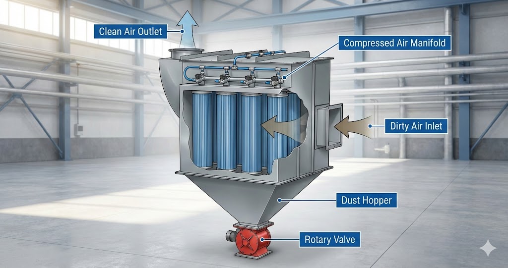 Ilustrasi sistem dust collector industri cartridge filter dengan sistem pulse jet cleaning.